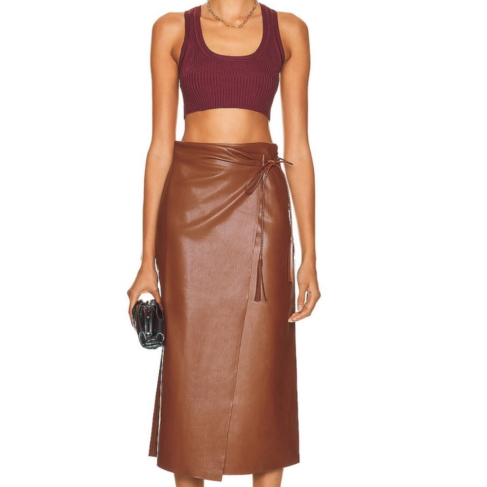 NWT Mother’s It’s-A-Wrap Chocolate Brown Faux Leather midi-skirt, size XL.